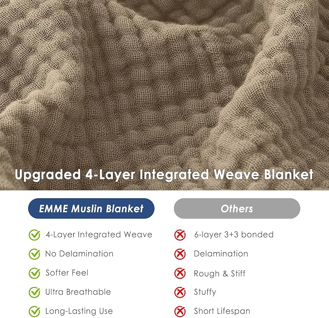 EMME Muslin Blankets for Adults Throw Blanket for Couch Breathable Gauze Soft Lightweight Airy Tan Twin XL 66" x 90"