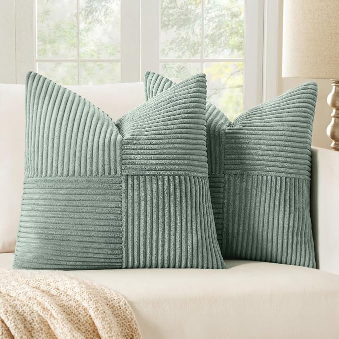 MIULEE Greyish Green Decorative Throw Pillow Covers for Couch 20x20 Inch | 2 Pack, Boho Farmhouse Pillow Covers, Soft Cross Corduroy Patchwork Textured Cushion Cases For Bed Sofa