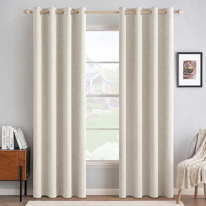 MIULEE 100% Blackout Linen Curtains for Bedroom Thermal Insulated Birch Grommet Room Darkening Curtains & Drapes for Living Room 52 x 108 Inch (2 Panels)