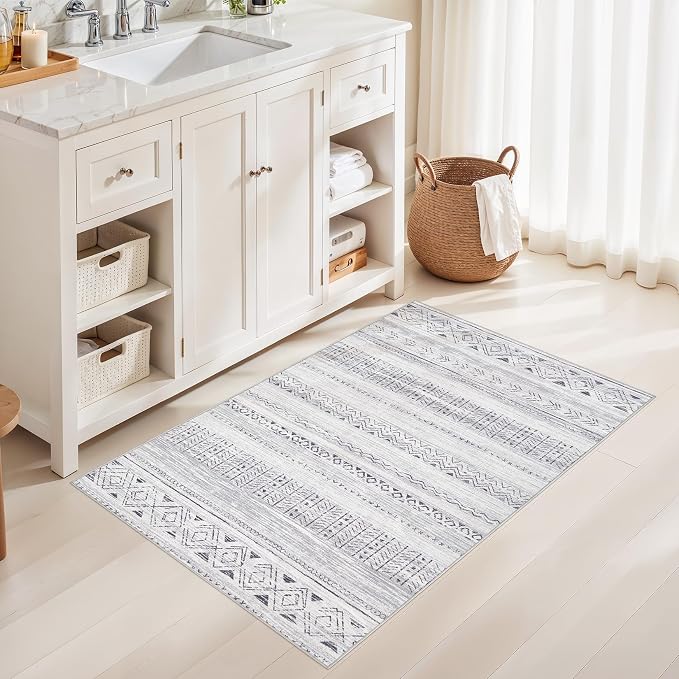 cotiled 3x5 Area Rugs Living Room Rug: Washable Boho Rugs with Non Slip Backing Small Soft Indoor Stain Resistant Carpet for Bedroom Farmhouse Dining Room Lightweight Home Decor Dark Grey