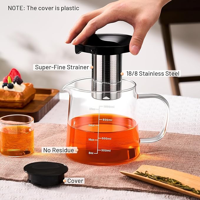 PARACITY Glass Teapot Stovetop 33OZ, Borosilicate Clear Tea Kettle with Removable 18/8 Stainless Steel Infuser, Teapot Blooming and Loose Leaf Tea Maker Tea Brewer (transparent-scale, 34oz)