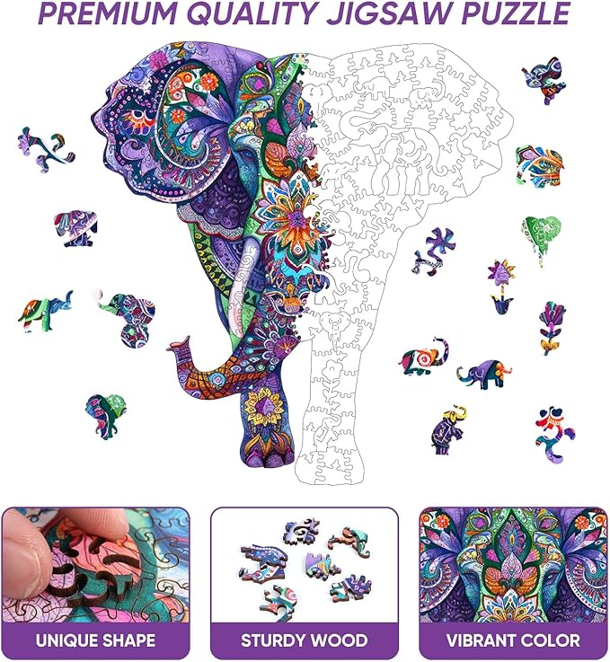 Qiuenisray Wooden Puzzles for Adults 500 Pieces, Elephant Challenging Jigsaw Puzzle, Home Decor, FSC Certified Unique Animal Shape Adult Puzzles Piece, Irregular Best Gift for Family Game 17.6x18.5 in