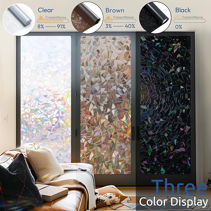 rabbitgoo Rainbow Window Privacy Film, Stained Cling, Brown, 23.6" x 118.1" | Decorative Static Sticker, Non-Adhesive Reusable Window Tint, Heat Control UV Blocking Coverings for Home Doors, Living Room