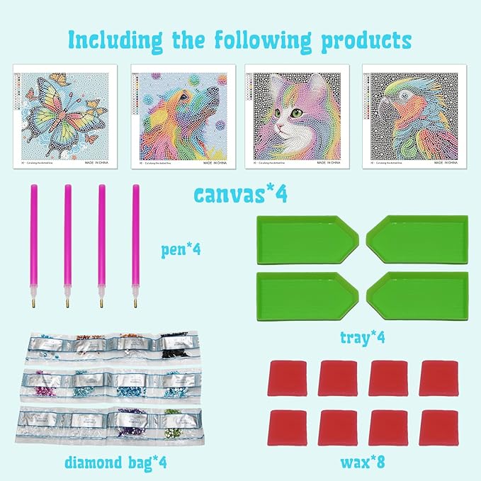Libfx Diamond Art Kits for Kids 4 PCS Diamond Art for Girls Boys Beginners Arts and Crafts for Kids Ages 8-12 (Parrot-Cat)
