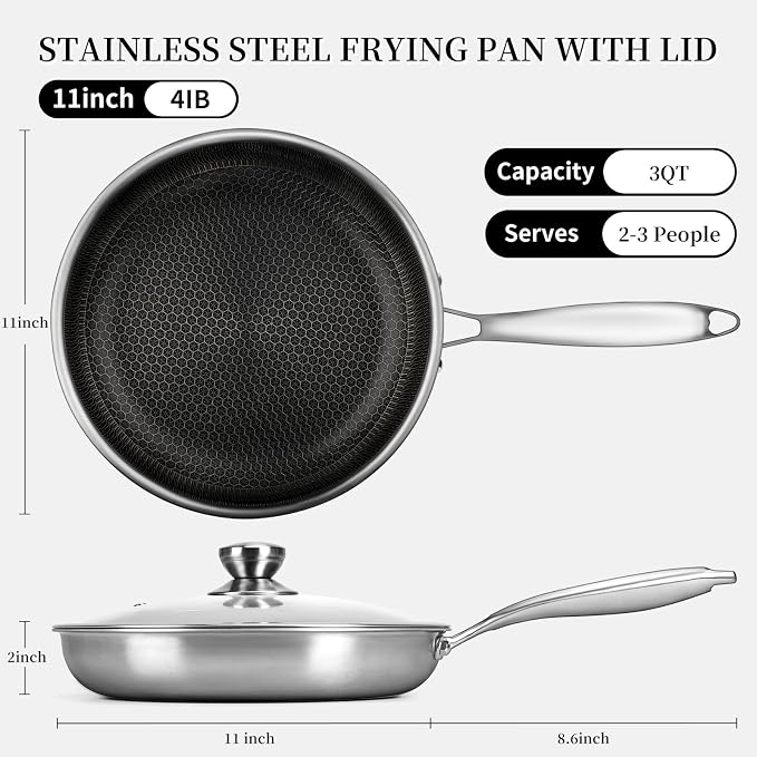 11" Stainless Steel Frying Pan with Lid, Honeycomb Nonstick Frying Pan | Omelet Chef's Pan with Stay Cool Handle, Induction & Oven Safe, Compatible with All Cooktops, PFOA Free