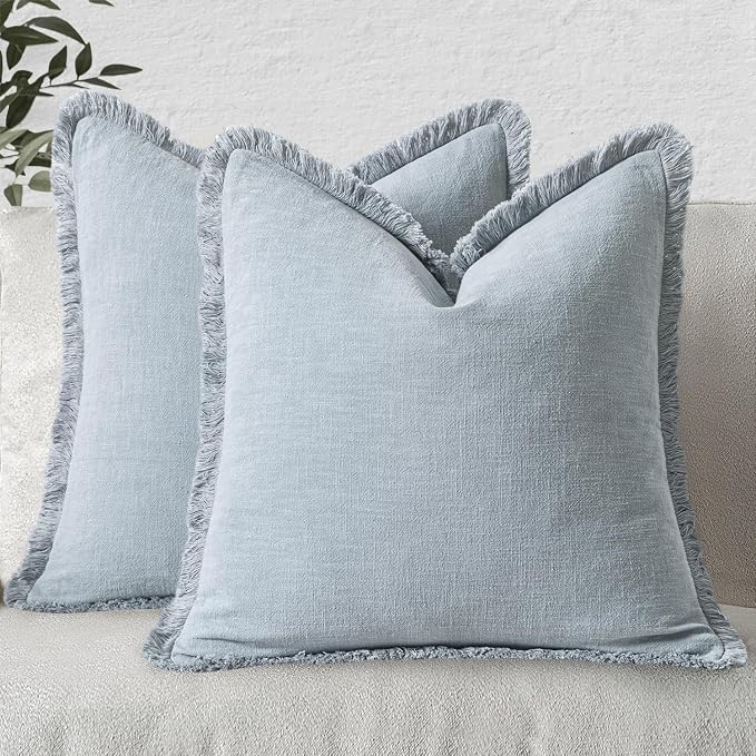 MIULEE Boho Linen Fringe Decorative Throw Pillow Covers Sky Blue 20x20 | Set of 2, Cottagecore Decor, Boho Farmhouse Coastal Pillow Covers, Rustic Couch Cushion Cases for Sofa Bed Living Room