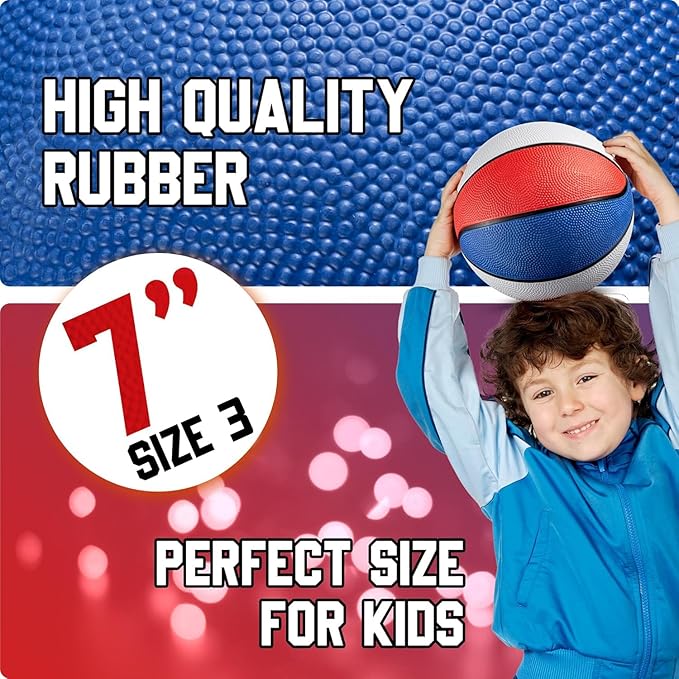 Rubber Mini Basketball - 7 Inch, Size 3 - Mini Hoop Outdoor Kids Basketball Set for Small Hoops Indoor & Outdoor Pool Parties - Kid Birthday Gifts, Arcade Games, Red White & Blue (1-Pack)