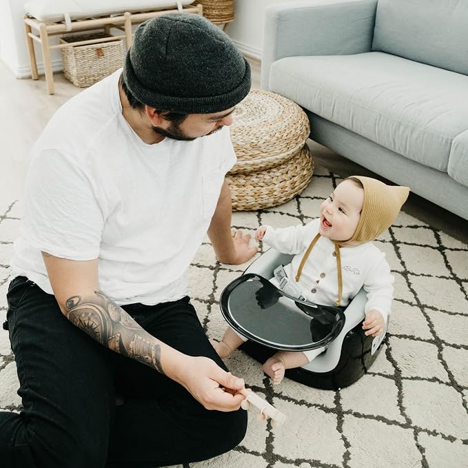 Bumbo 3-in-1 Multi-Seat for 6 to 36 Months, Travel Baby Feeding & Play Floor Seat, All-in-One Portable Booster with Tray & Toddler High Chair, Black/Monsoon
