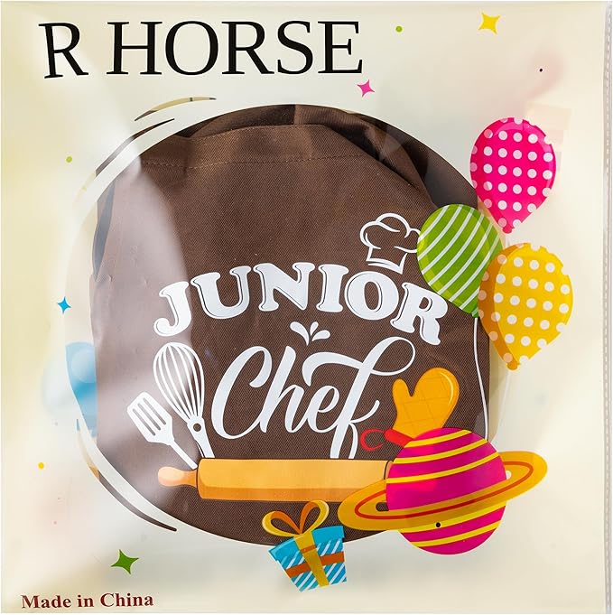 Kid Apron and Chef Hat Set - R HORSE 2Pcs Adjustable Children Brown Chef Kitchen Apron, Dress up Role Play Chef Toy Cooking Baking Painting and Training Kits Kid Funny Cooking Birthday Gift for Kids