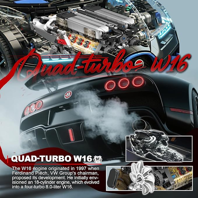 Sosuy W16 Motorized Model Engine Kit for Adult Men Teen, Electric Drive, Ultra-Realistic Working Replica, Home Set for Collection Fans, STEM Building Block Toy for Boy, Birthday Gift for 8+ Kid 952Pcs