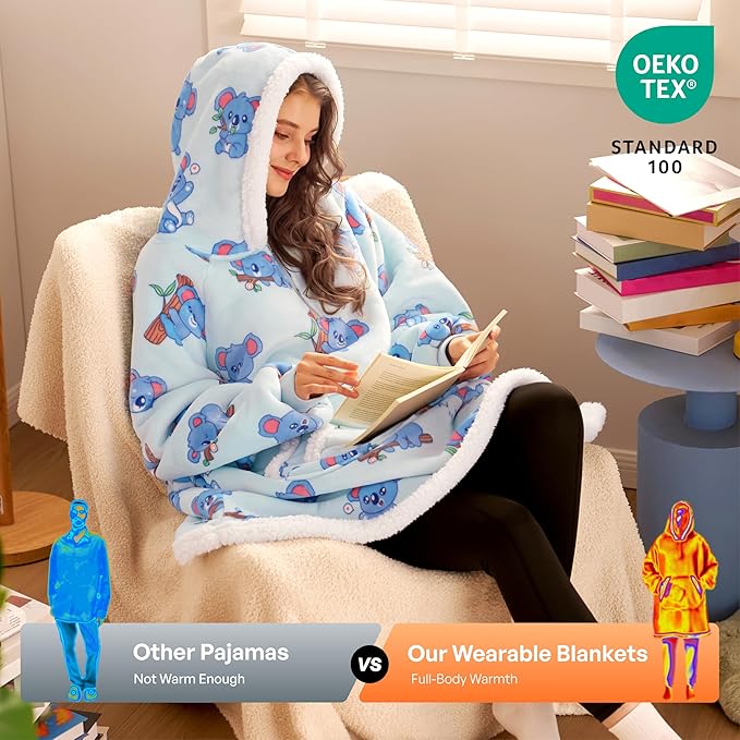 Giggling Getup Wearable Blanket Hoodie for Adults Gifts for Teen Girls Sister Women Sherpa Fleece Printed Hooded Blanket Sweatshirt Warm Cozy with Pocket & Sleeves Sky Blue Koala