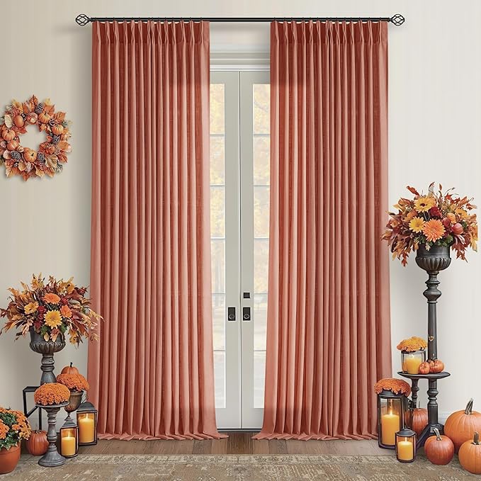 Extra Long Terracotta Pleated Linen Curtains 120 Inches Long Firebrick | Light Filtering Semi Sheer, Back Tab Pinch Pleat, for Tall Ceiling Living Room, Autumn Fall Decor Red Clay Farmhouse Rustic