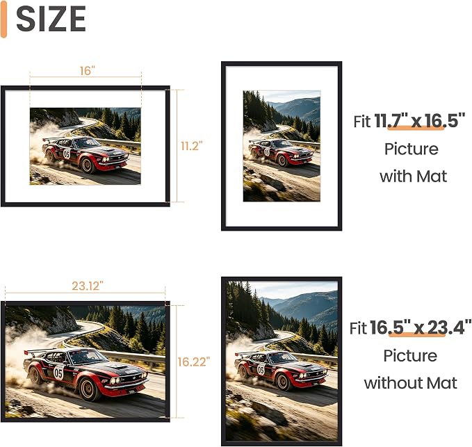 upsimples A2 Frame, Display Pictures 11.7x16.5 with Mat or 16.5 x 23.4 Without, Wall Hanging Photo Frames, Black, 1 Pack