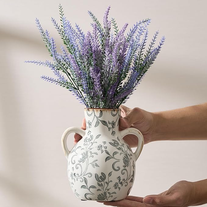 SIDUCAL Ceramic Vintage Pastoral Vase with Handles, 7 Inch Chinoiserie Floral Vase, Retro Ice Cracked Rustic Farmhouse Vases for Home Decor, Living Room, Bookshelf, Office, Tuscan Decor, Gray Floral