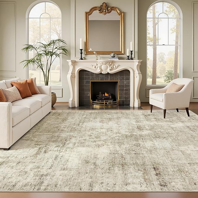 Soalmost Abstract 7x10 Area Rug for Living Room Washable Rugs Beige/Gray | Non-Slip Low-Pile Carpet for Dining Bedroom, Foldable Thin Vintage Stain Resistant Floor Mat Under Table Home Office Nursery