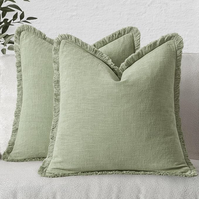 MIULEE Linen Fringe Decorative Euro Throw Pillow Covers Sage Green 26x26 | Set of 2, Cottagecore Decor, Boho Farmhouse Neutral Pillow Covers, Rustic Couch Cushion Cases for Sofa Bed Living Room