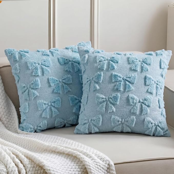 Mixweer Blue Bow Pillow Covers Set of 2 Preppy Room Decor Coquette Cute Spring Summer Decorative Faux Fur Soft Bowknot Stuff Fluffy Plush Aesthetic Pillowcase for Bed Sofa Couch (18 x 18 Inch)