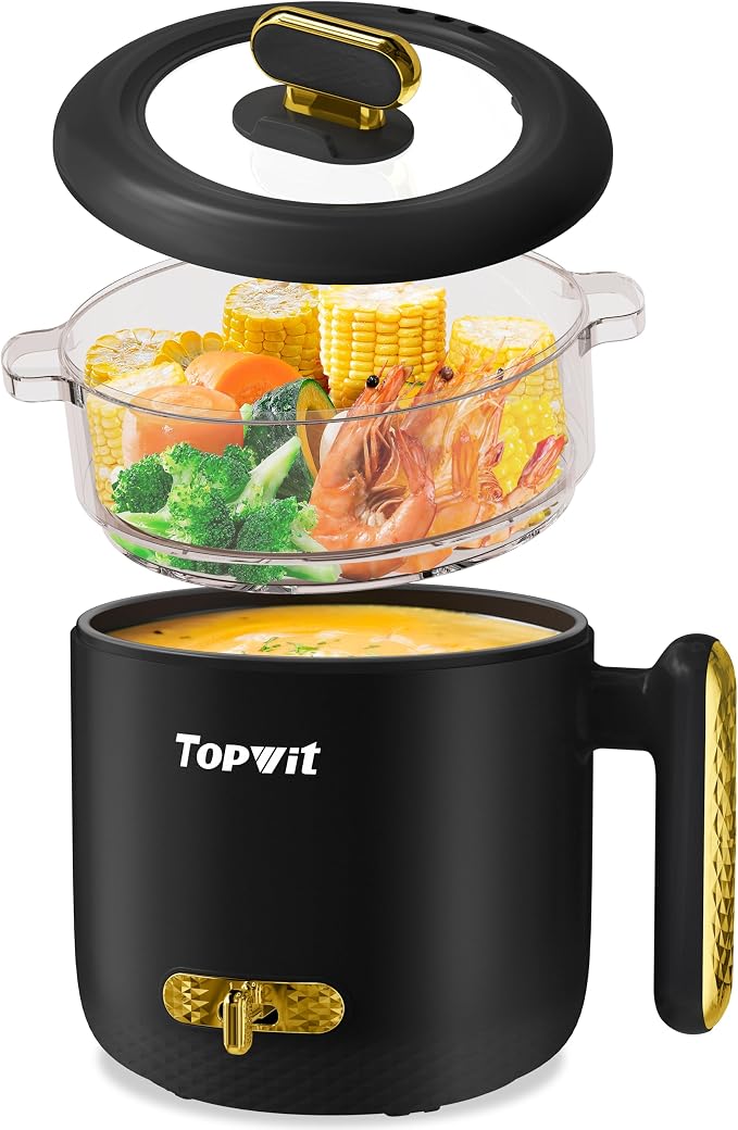 TOPWIT 1.8L Electric Hot Pot with Steamer, Ramen Cooker with Dual Power | Multifunctional for Steak, Egg, Soup & Noodles, Non-Stick Pot, Portable for Dorm & Office, Overheat & Boil-Dry Protection