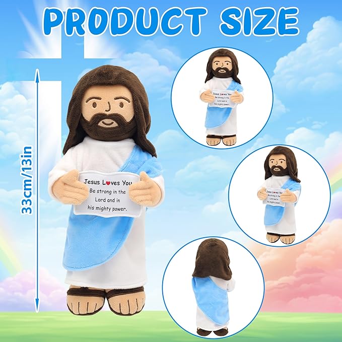 Jesus Plush, 13" Jesus Stuffed Plushie Doll with Positive Card for Christmas Religious Easter Church Sunday School Toy Gift for Kids (A)