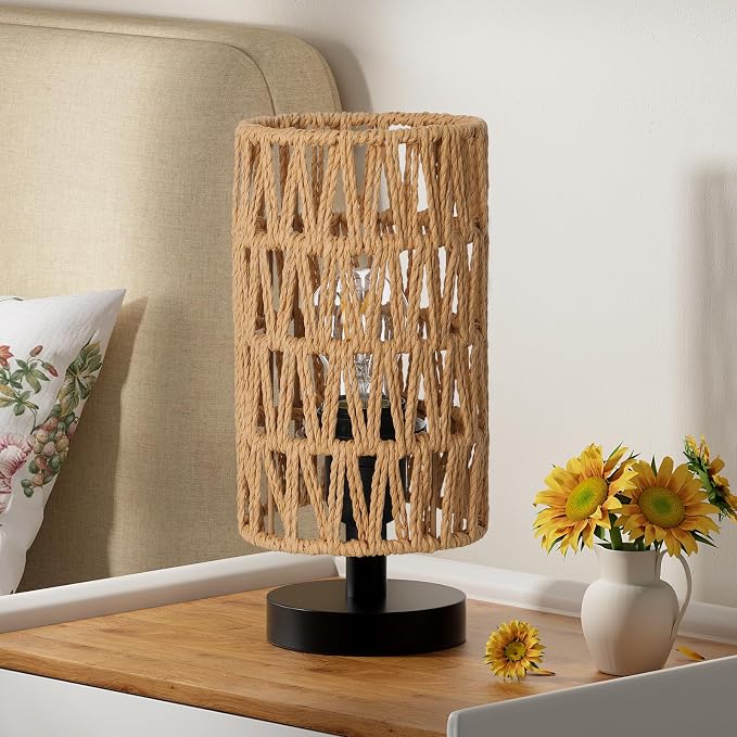 Fenmzee Small Table Lamp for Bedroom - Inline Control, Bedside Lamp with 3000K A15 LED Blub, Easy Assembly（Rattan Rope Shade-Black Base，9" Inline Control）