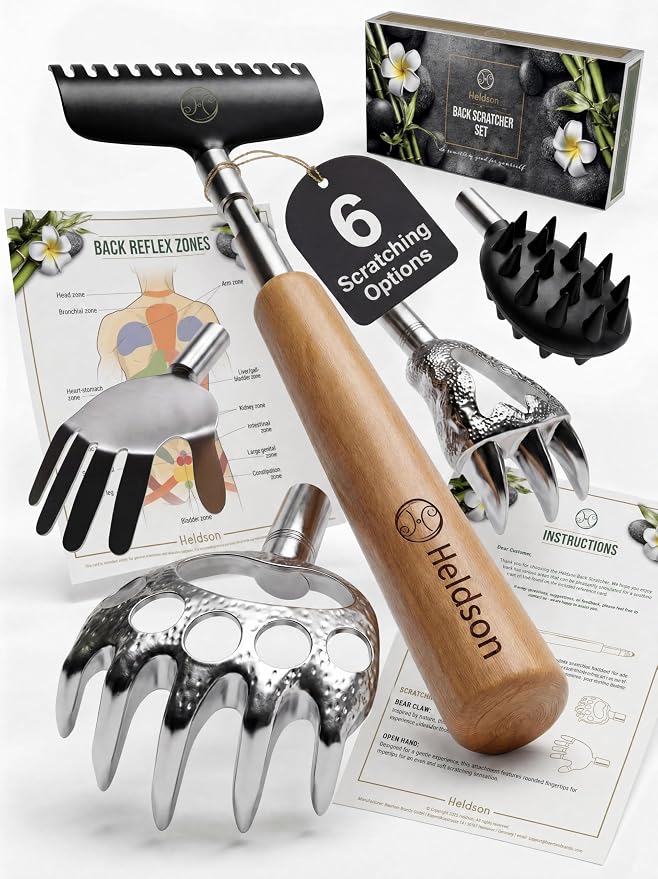 HELDSON® Back Scratcher Extendable [5 Scratching Heads] - Retractable Stainless Steel Scratchers - Telescopic Backscratchers for Adults - Metal Bear Claw Backscratcher Stick - Gifts for Men and Women