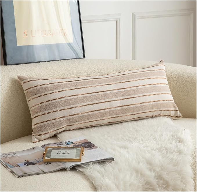 Cethom Decorative Boho Lumbar Pillow Covers, Modern Farmhouse Couch Pillowcase, 14 x 36 Long Accent Body Throw Pillow Covers, Sofa Bed Living Room Decor Cushion Case, Brown and Beige, Pack of 1