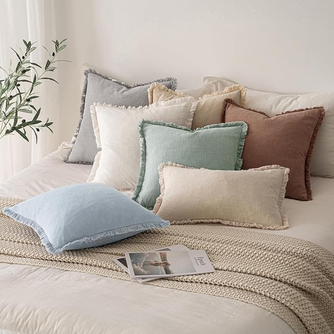 MIULEE Boho Linen Fringe Decorative Throw Pillow Covers Sky Blue 20x20 | Set of 2, Cottagecore Decor, Boho Farmhouse Coastal Pillow Covers, Rustic Couch Cushion Cases for Sofa Bed Living Room