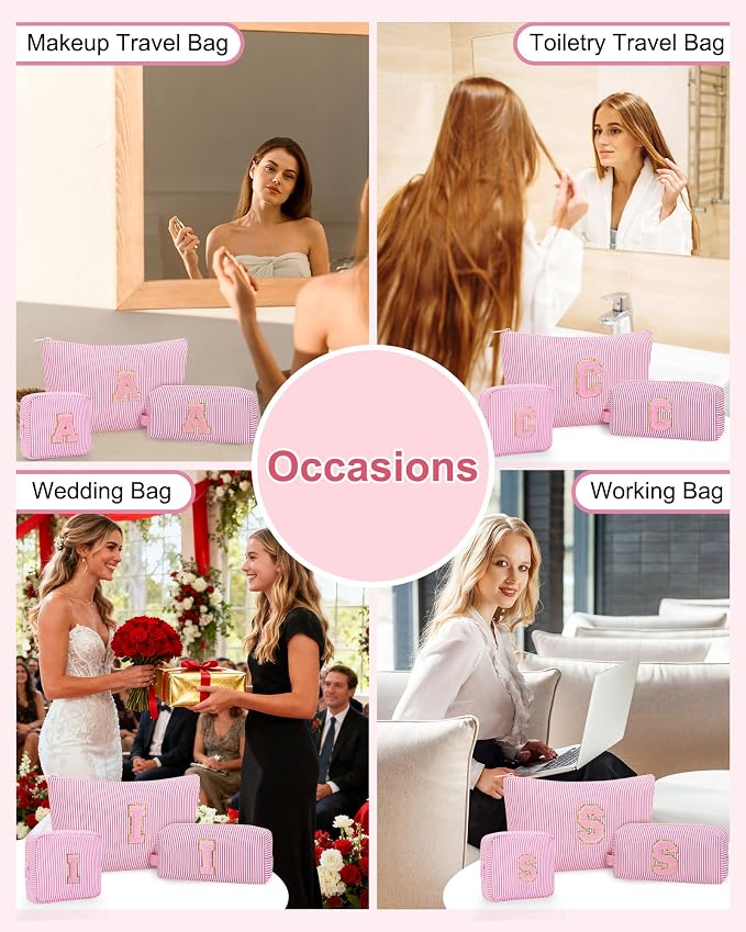 MONSTINA Personalized Initial Makeup Bag for Women,Monogram Make Up Case for Girlfriend Bridesmaid Wife,Birthday Gift for Her Cute Toiletry Bag,3PCS,Pink I