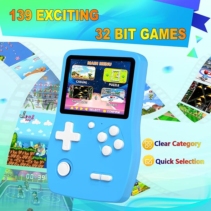 32 Bit Handheld Games for Kids Preloaded 139 Video Games, Portable Video Gaming Player with 3.0" IPS Screen and Rechargeable Battery, Mini Travel Games Electronic Gifts Toys for Boys Girls, Blue