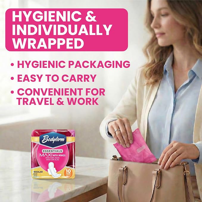 Bodyform Essentials Maxi Pads with Wings | 10 Count, Sanitary Pads for Women, Super-Soft & Leak-Proof Period Pads, Advanced Absorbent Core with Wings | Regular