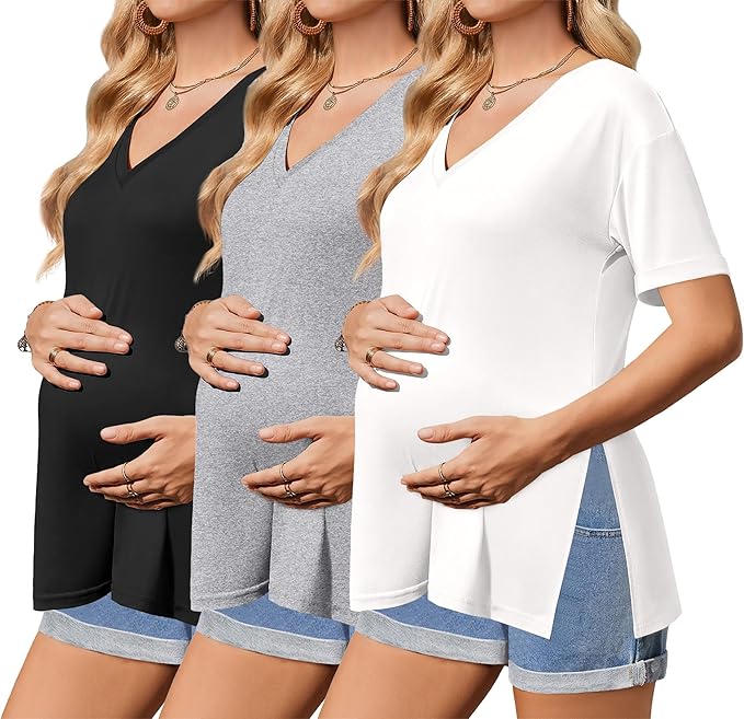 Ekouaer 3 Packs Women's Maternity Shirts V Neck Pregnancy Tops Short Sleeve Casual Workout Tees Side Split Mama Clothes