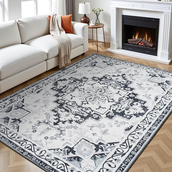 Rugflix 6x9 Area Rugs for Living Room, Washable Light Grey Large Rug | Machine Washable; Stain-Resistant; Low Pile; Non-Slip; Boho Vintage Printed; Carpet for Bedroom Dining Office Nursery Home