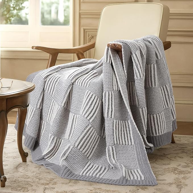 Knit Throw Blanket, Soft Chenille Cozy Breathable Dual Tone Checkered Chunky Decorative Blanket for Couch, Bed & Sofa, French-Inspired Lightweight Warm Gift for Women, Gray, 50"x60"