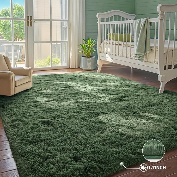 6x9 Green Area Rugs for Living Room Fluffy Shag Rug,Plush Bedroom Grass Carpet for Kids Teens Indoor Classroom Home Decor Aesthetic