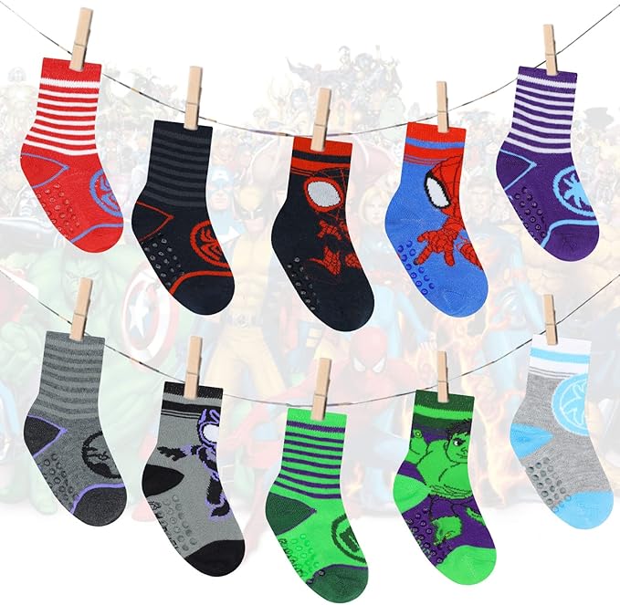 Marvel Spiderman Grip Socks, 10 Pack, Toddler Boys, Ankle Length, Multicolor, Small