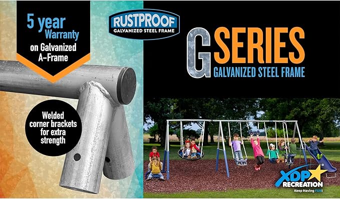 XDP Recreation Fun All Mighty Metal A-Frame Kids Swing Set with 10 Child Capacity Outdoor Backyard Home Playground with Slide and 5 Swing Types,