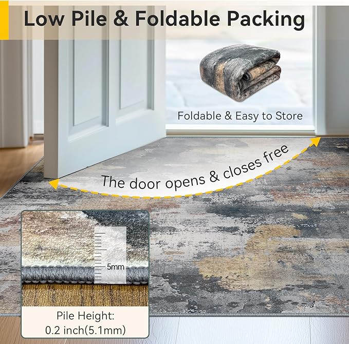 RELEANY Washable 5'x7' Abstract Area Rug for Living Room Ash Brown | carpet for bedroom, kitchen, office, hallway and entryway, printed pattern, non-slip, soft, stain-resistant, easy to clean