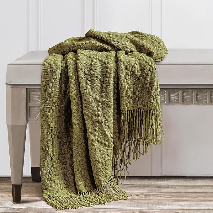 BOURINA Olive Throw Blanket 50 x70 Inch Jacquard Throw Knitted Blanket | Jacquard Argyle Throw Textured Solid Soft Throws and Blankets for Sofa or Bed Knitted Decorative Blanket