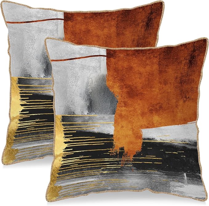 Burnt Orange Gold Grey Soft Velvet Throw Pillow Covers Set of 2 Taupe Gray Abstract Art Painting Decorative Pillow Covers 16x16 Inch Modern Retro Pillow Case For Sofa Couch Living Room Home Decor