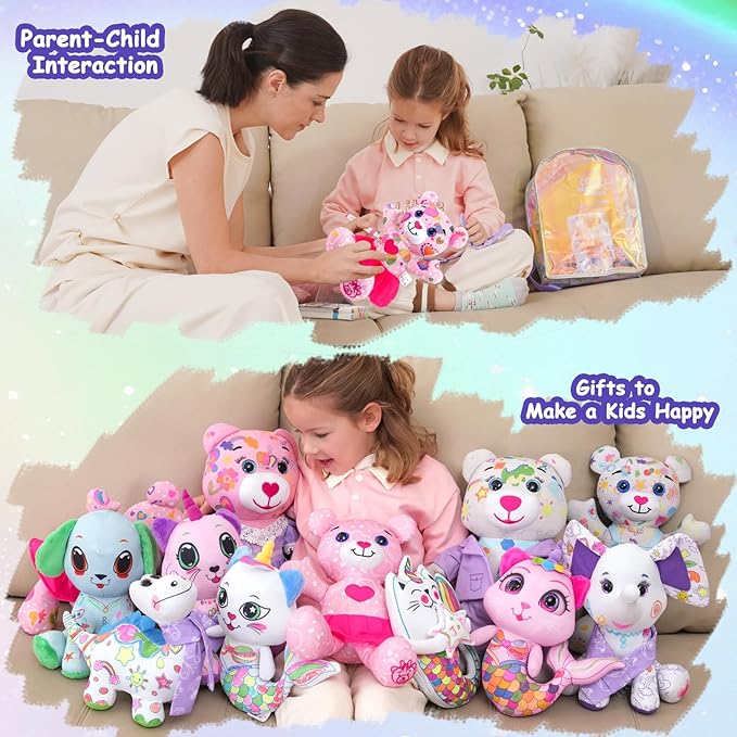 Stuffed Animal Coloring Plush Toy with 20 Washable Markers Laser Holographic Backpack Road Trip Car Game Writing Painting Set for Girls Doodle Dolls Kids Ages 3-6 Birthday(Pink Bear)