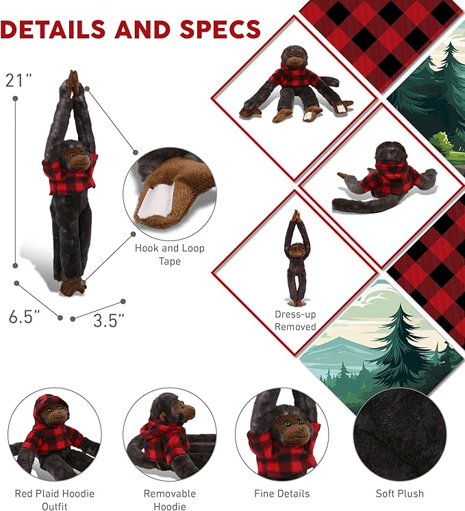 DolliBu Capuchin Monkey Stuffed Animal with Plaid Red Hoodie Sweater and Personalization - Monkey Plush Lumberjack Stuffed Toy with Plaid Jacket Dress Up for Christmas, Holiday, Winter - 21 Inches