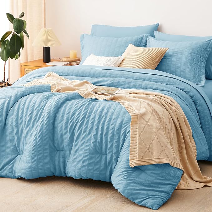 CozyLux King Size Comforter Set Sky Blue Seersucker 7 Pieces Bed in a Bag King Comforter Set with Sheets, Luxury Soft Bedding Sets with Down Alternative Comforter, Sheets, Pillowcases & Shams