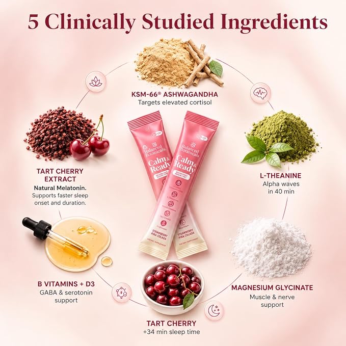 Calm and Ready Powder Mix, Cortisol Reducer* Sleep & Relaxation Aid, Magnesium Glycinate, Ashwagandha KSM-66, L-Theanine, Tart Cherry, Sugar Free, 20 Packets, Strawberry PinaColada