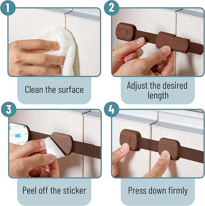 Bates- Child Safety Strap Locks, 8 Pack, Brown, Baby Cabinet Locks with Adjustable Strap Length