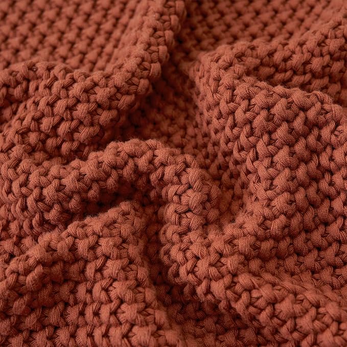Chunky Cable Knit Throw Blanket Lightweight Rust 100% Organic Cotton Blanket for Sofa Couch Bed Baby Nursery, Rustic Shabby Chic Modern Farmhouse, 51” x 63” Give Laundering Bag