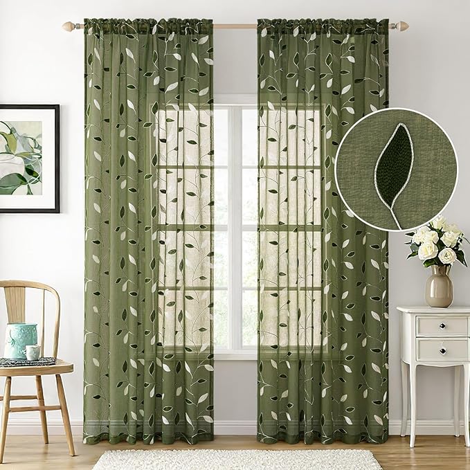 MIULEE Olive Green Sheer Curtains 2 Panels Embroidered Leaf Patterned Rod Pocket Floral Semi Faux Linen Window Curtains Drapes Set for Living Room Bedroom Dining Room, 52x84 Inches Long