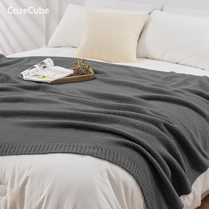 CozeCube Charcoal Grey Seed Stitch Throw Blanket 60"x80", Farmhouse Decor | Blanket for Couch, Soft Cozy Cable Knit Throw for Bed Sofa Living Room, Lightweight Warm Decorative Christmas Blanket