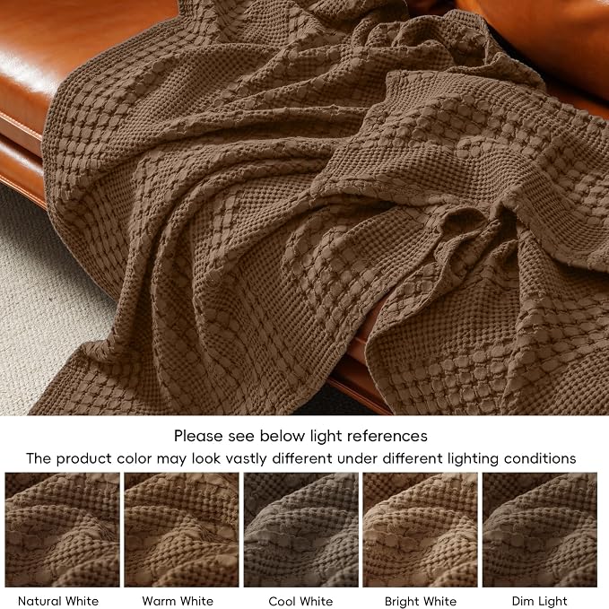 PHF 100% Cotton Waffle Weave Blanket King Size, Lightweight Breathable Summer Blanket for Hot Sleepers, Pre-Washed Soft Layer for Bed, Couch, Home Decor Gift, 108"x90", Chocolate