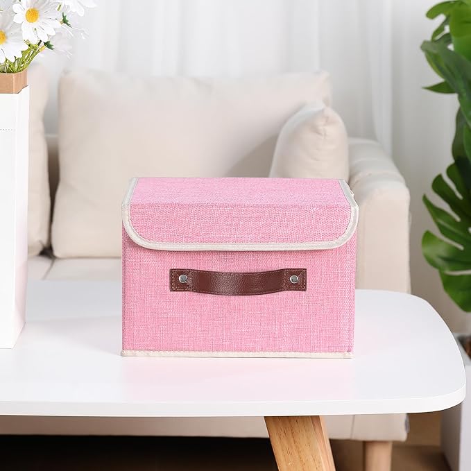 ANMINY Fabric Storage Box Bins with Lids, Pink, 10"x8"x7" | Keepsake Memory Storage, Cotton Linen, PP Board Reinforced, Washable, PU Handles, Foldable & Stackable, Decorative, Small
