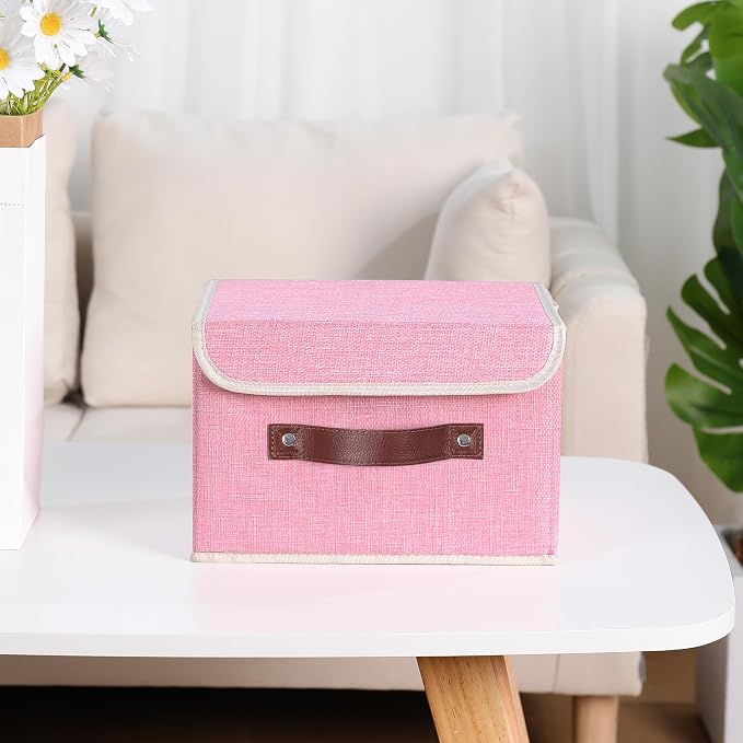 ANMINY Fabric Storage Box Bins with Lids, Pink, 10"x8"x7", 4 Pack | Keepsake Memory Storage, Cotton Linen, PP Board Reinforced, Washable, PU Handles, Foldable & Stackable, Decorative, Small
